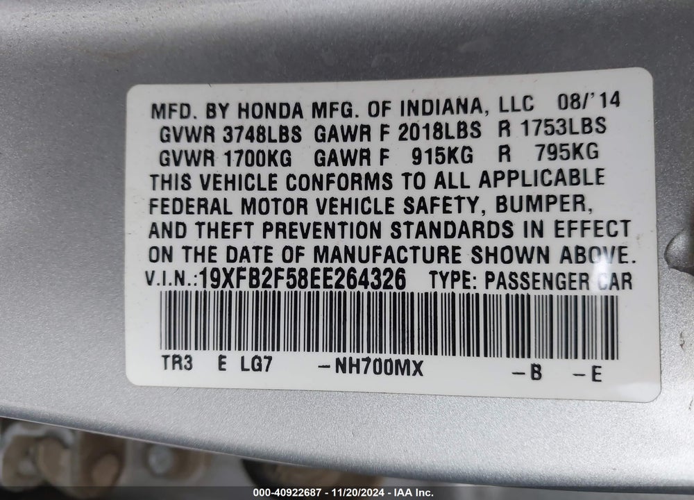 2014 HONDA CIVIC LX VIN: 19XFB2F58EE264326
