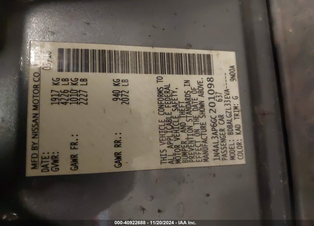 2016 NISSAN ALTIMA VIN: 1N4AL3AP6GC201098