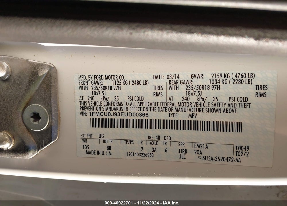 2014 FORD ESCAPE TITANIUM VIN: 1FMCU0J93EUD00366