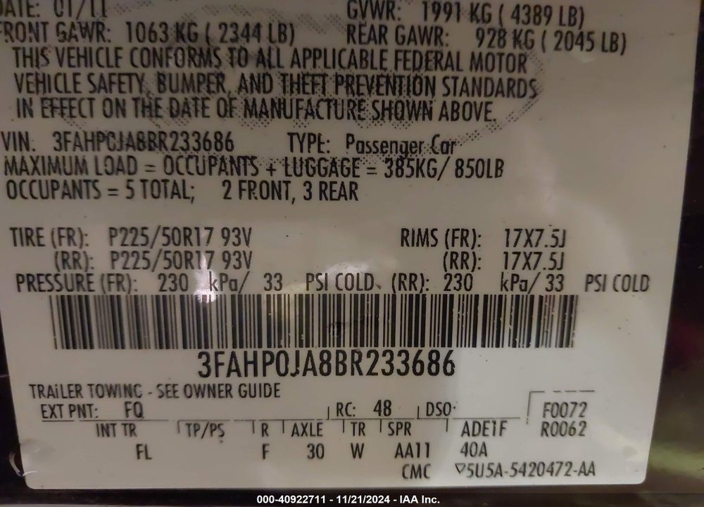 2011 FORD FUSION SEL VIN: 3FAHP0JA8BR233686