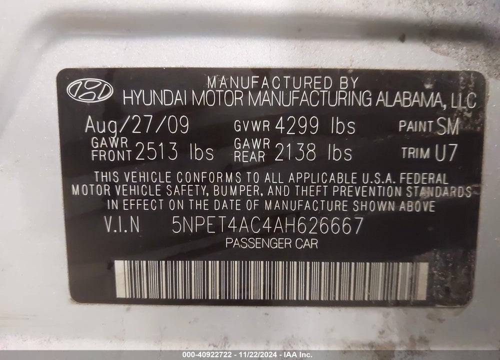 2010 HYUNDAI SONATA GLS VIN: 5NPET4AC4AH626667