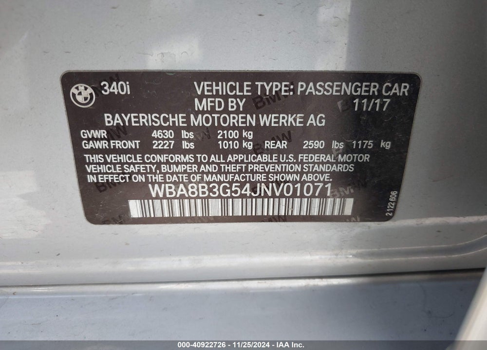 2018 BMW 340 VIN: WBA8B3G54JNV01071