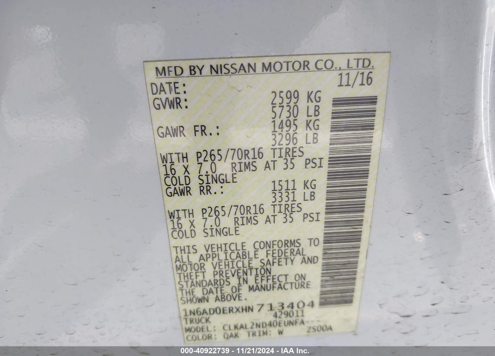 2017 NISSAN FRONTIER VIN: 1N6AD0ERXHN713404