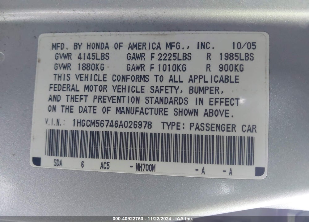 2006 HONDA ACCORD 2.4 EX VIN: 1HGCM56746A026978