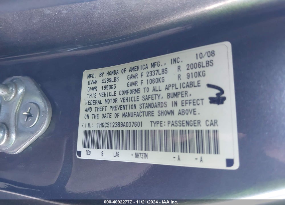 2009 HONDA ACCORD 2.4 LX-S VIN: 1HGCS12389A007601