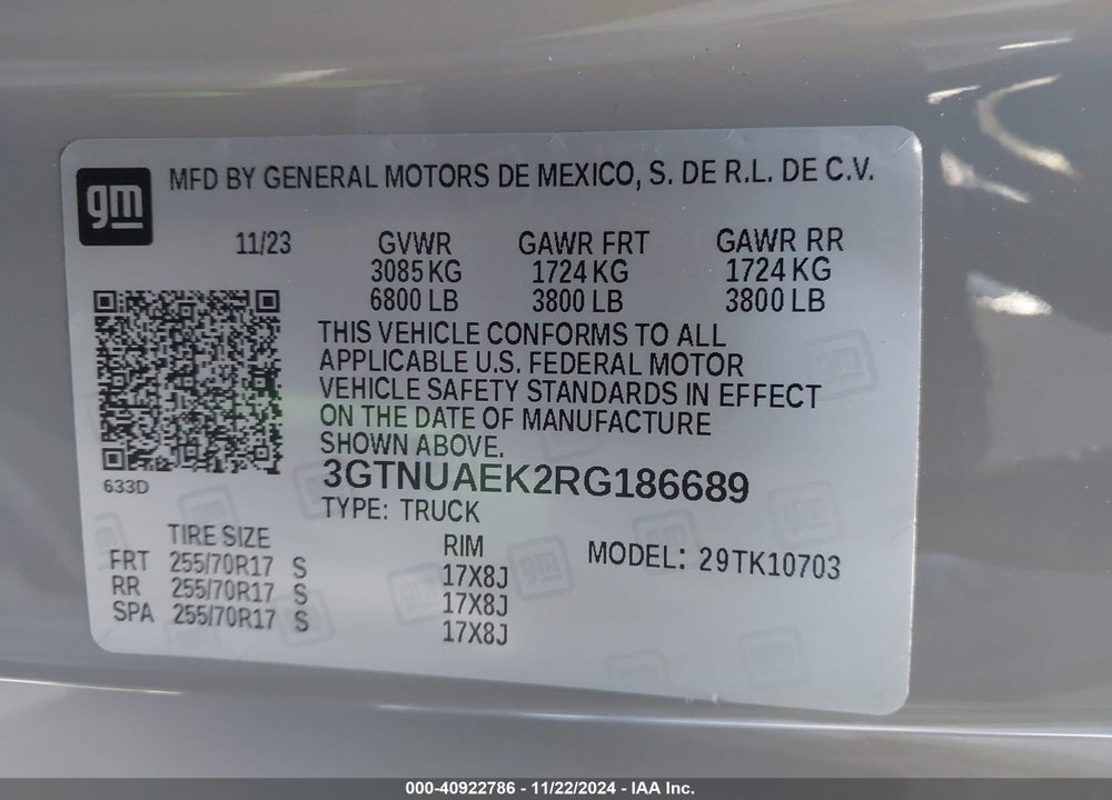 2024 GMC SIERRA 1500 4WD STANDARD BOX PRO VIN: 3GTNUAEK2RG186689