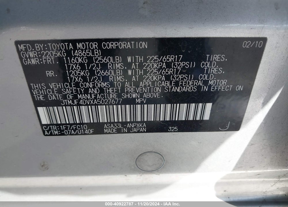 2010 TOYOTA RAV4 VIN: JTMJF4DVXA5027677