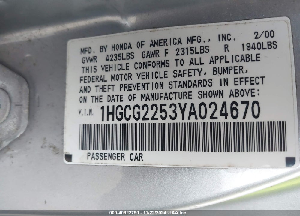 2000 HONDA ACCORD 3.0 EX VIN: 1HGCG2253YA024670