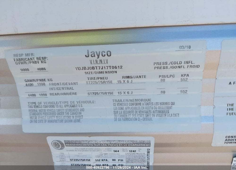 2018 OTHER JAYCO VIN: 1UJBJ0BT7J17T0612