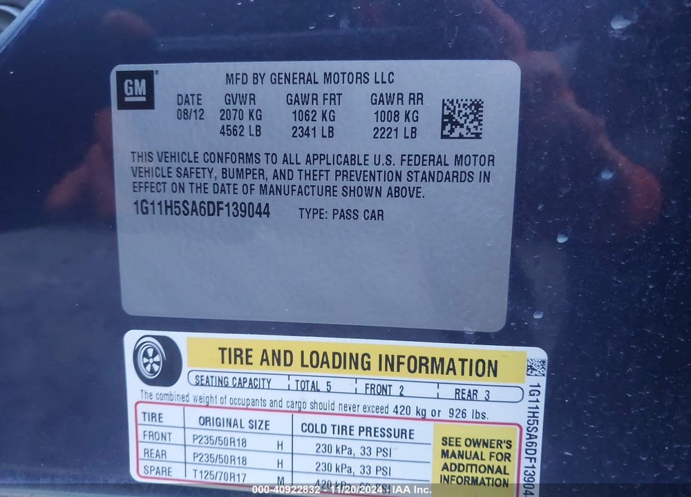 2013 CHEVROLET MALIBU VIN: 1G11H5SA6DF139044