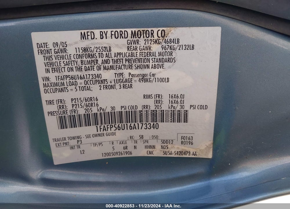 2006 FORD TAURUS SEL VIN: 1FAFP56U16A173340