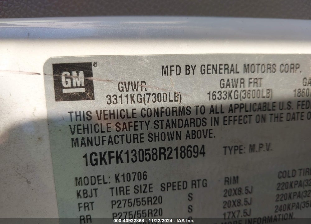 2008 GMC YUKON SLT VIN: 1GKFK13058R218694