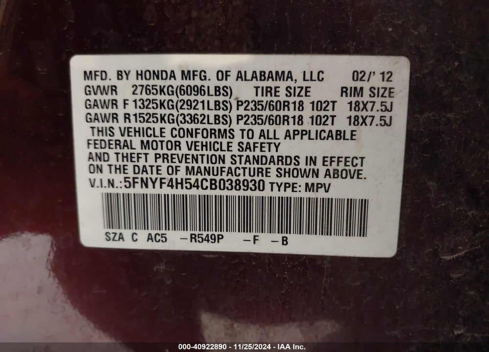 2012 HONDA PILOT EX-L VIN: 5FNYF4H54CB038930