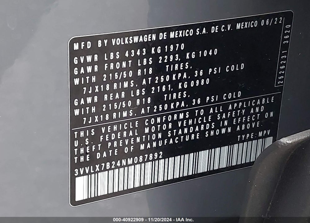 2022 VOLKSWAGEN TAOS 1.5T SE VIN: 3VVLX7B24NM087892