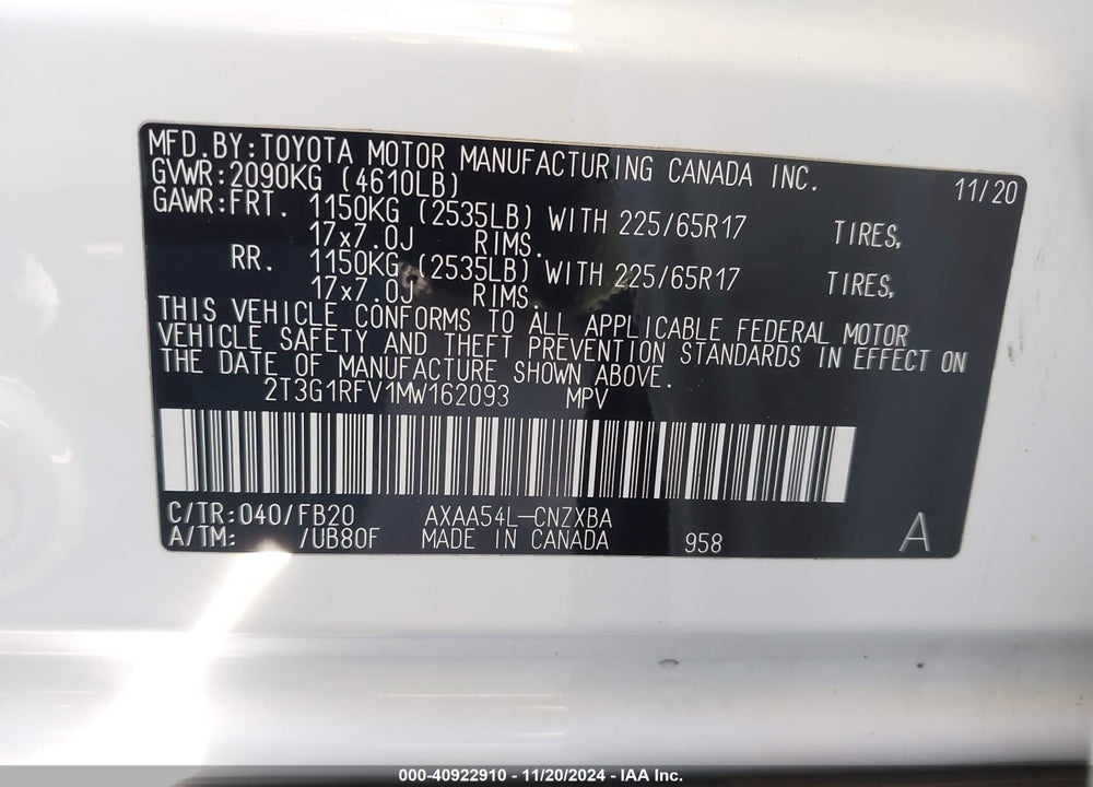 2021 TOYOTA RAV4 LE VIN: 2T3G1RFV1MW162093