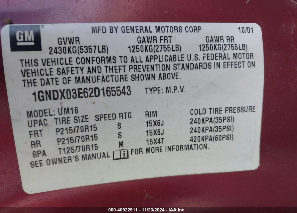 2002 CHEVROLET VENTURE PLUS VIN: 1GNDX03E62D165543