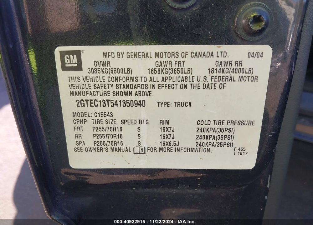 2004 GMC SIERRA 1500 SLE VIN: 2GTEC13T541350940