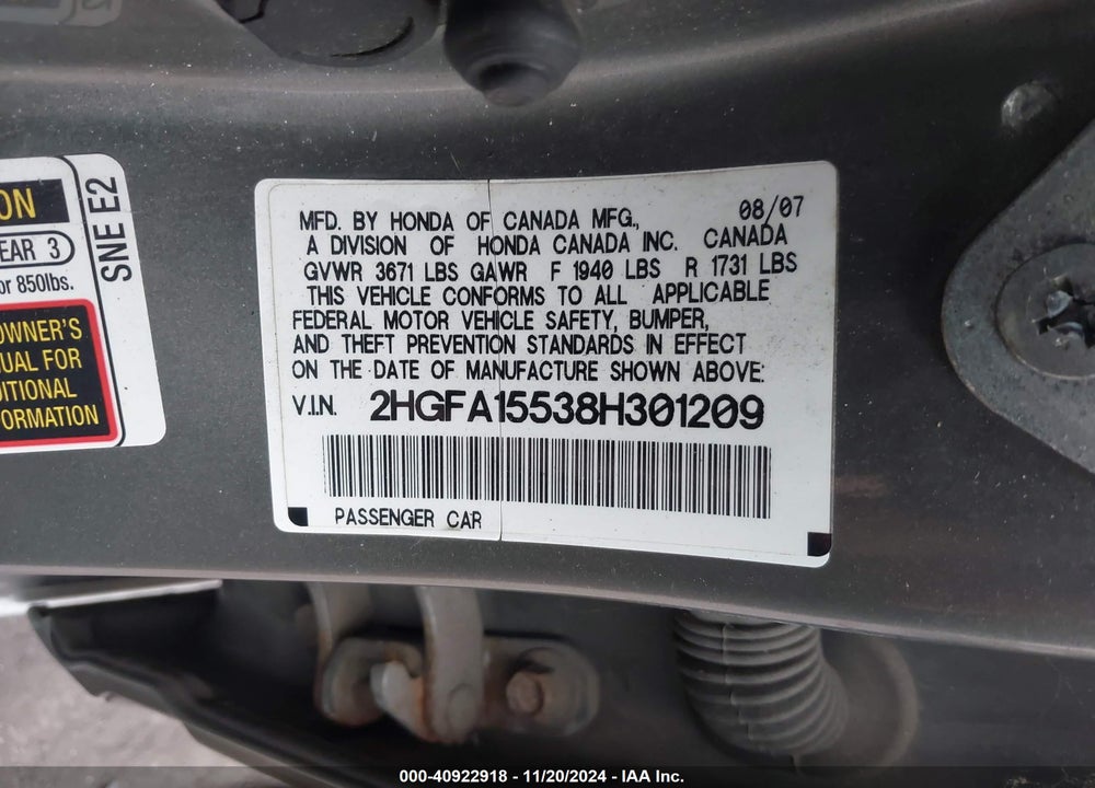 2008 HONDA CIVIC LX VIN: 2HGFA15538H301209