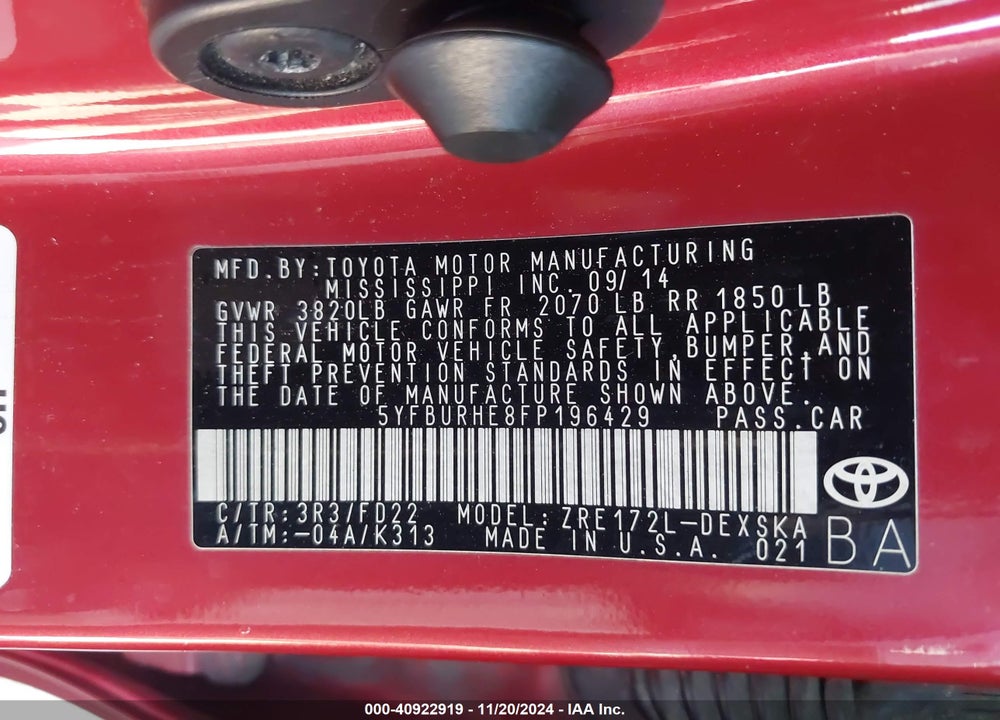 2015 TOYOTA COROLLA S PLUS VIN: 5YFBURHE8FP196429