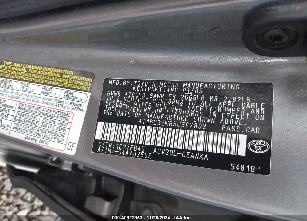 2005 TOYOTA CAMRY LE VIN: 4T1BE32K65U587892