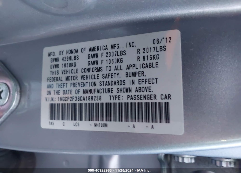 2012 HONDA ACCORD 2.4 LX VIN: 1HGCP2F38CA189258