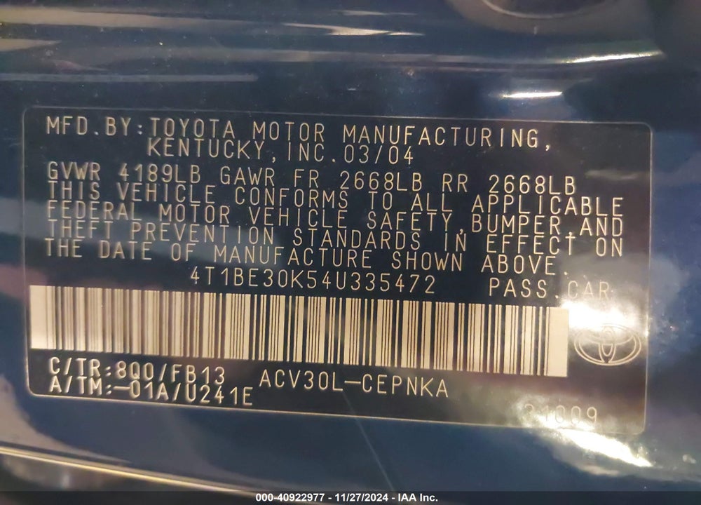 2004 TOYOTA CAMRY LE VIN: 4T1BE30K54U335472