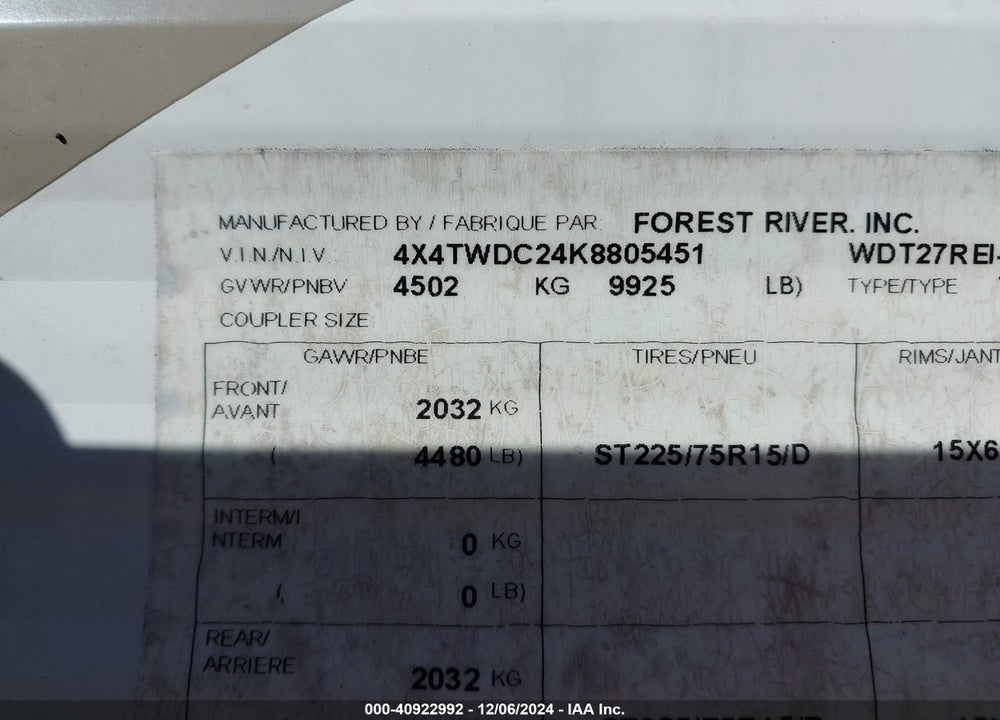 2019 FOREST RIVER OTHER VIN: 4X4TWDC24K8805451