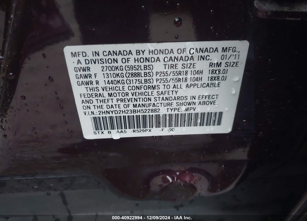 2011 ACURA MDX VIN: 2HNYD2H23BH522882