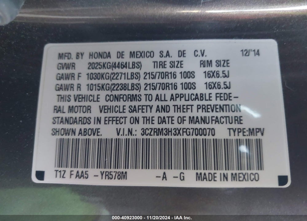 2015 HONDA CR-V LX VIN: 3CZRM3H3XFG700070
