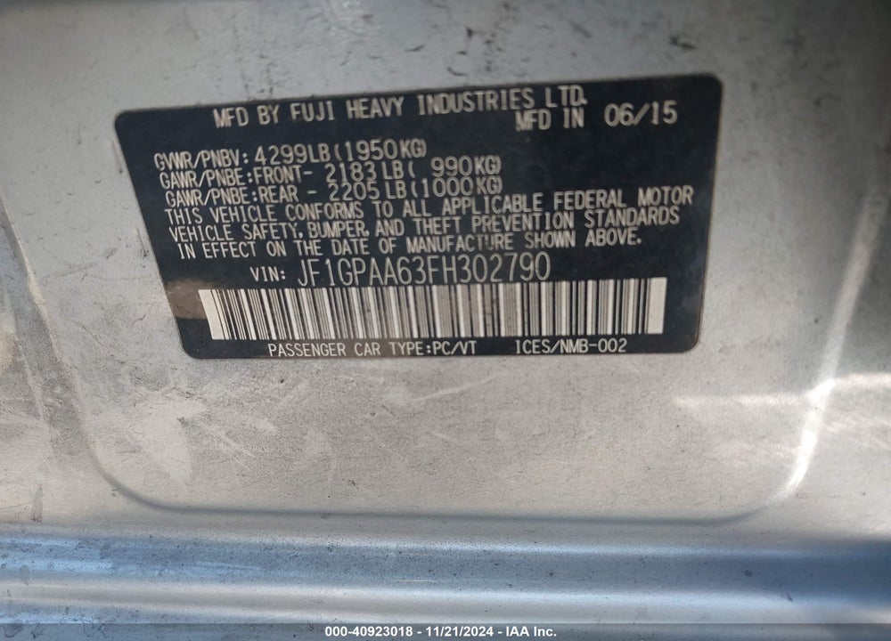 2015 SUBARU IMPREZA 2.0I VIN: JF1GPAA63FH302790