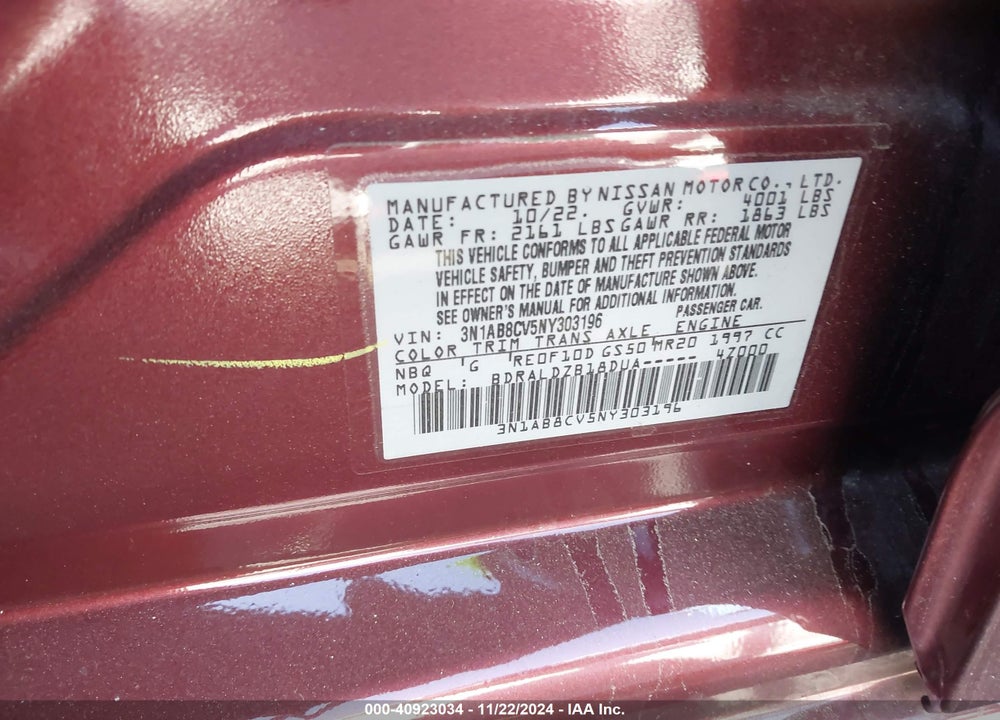 2022 NISSAN SENTRA SV XTRONIC CVT VIN: 3N1AB8CV5NY303196