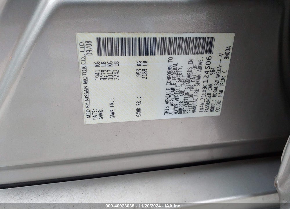 2009 NISSAN ALTIMA 2.5 S VIN: 1N4AL21EX9C124506