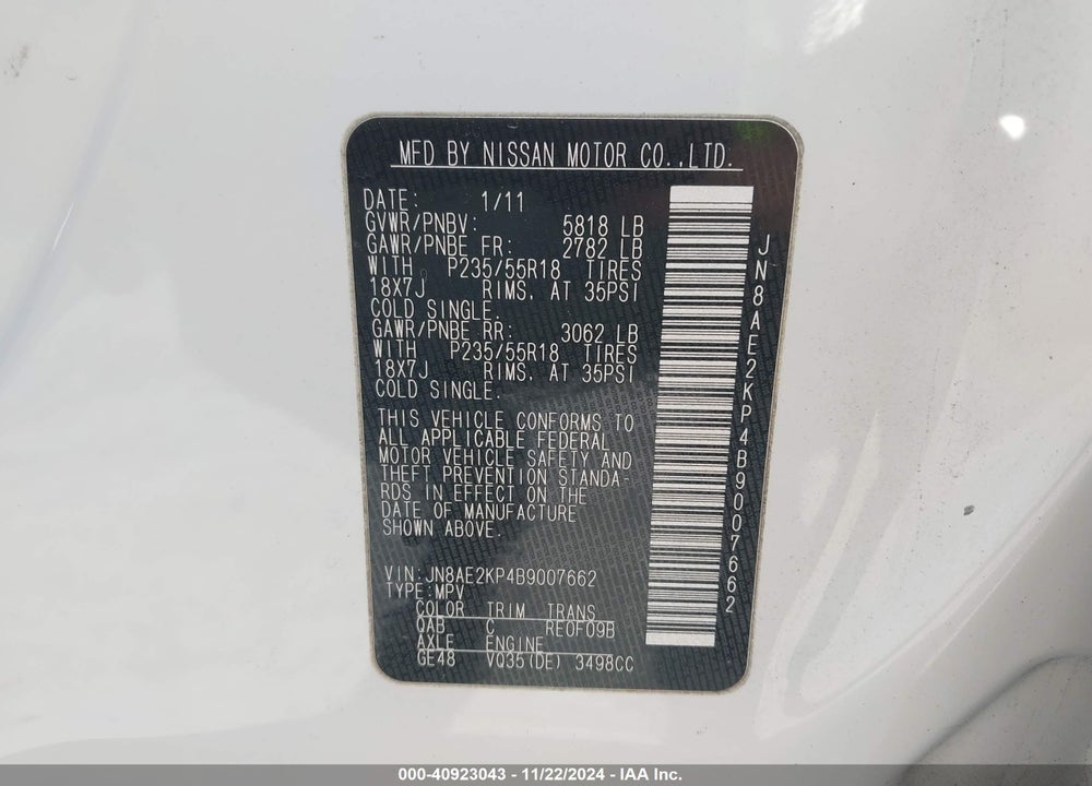 2011 NISSAN QUEST SL VIN: JN8AE2KP4B9007662