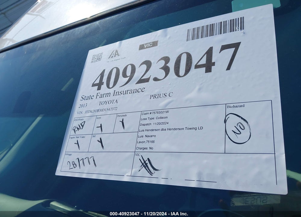 2013 TOYOTA PRIUS C ONE VIN: JTDKDTB30D1547372