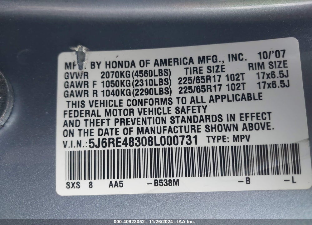 2008 HONDA CR-V LX VIN: 5J6RE48308L000731