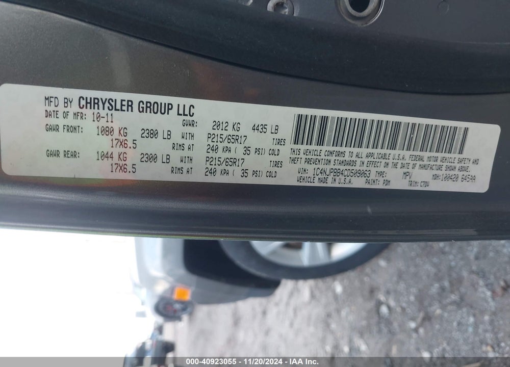 2012 JEEP PATRIOT SPORT VIN: 1C4NJPBB4CD509063