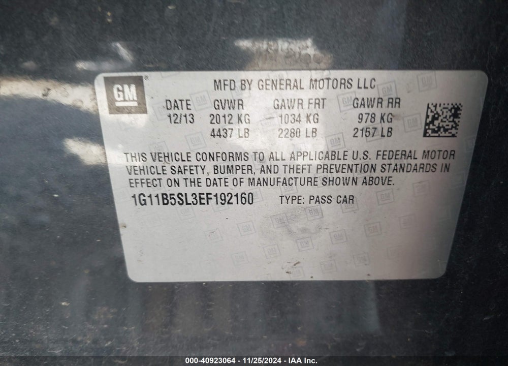2014 CHEVROLET MALIBU 1LS VIN: 1G11B5SL3EF192160