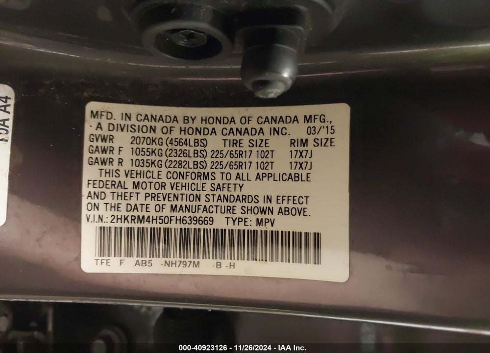 2015 HONDA CR-V EX VIN: 2HKRM4H50FH639669