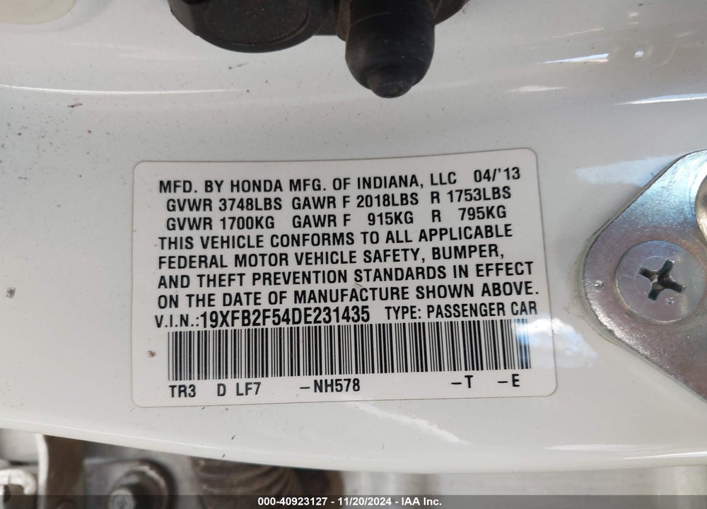 2013 HONDA CIVIC LX VIN: 19XFB2F54DE231435