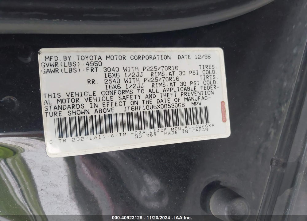 1999 LEXUS RX 300 VIN: JT6HF10U6X0053068