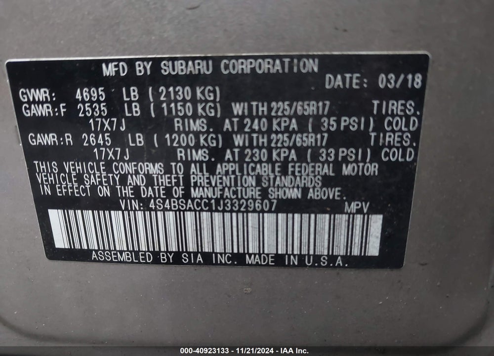 2018 SUBARU OUTBACK 2.5I PREMIUM VIN: 4S4BSACC1J3329607