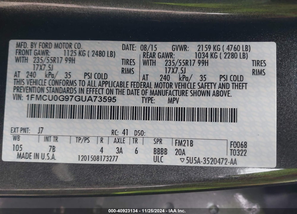 2016 FORD ESCAPE SE VIN: 1FMCU0G97GUA73595