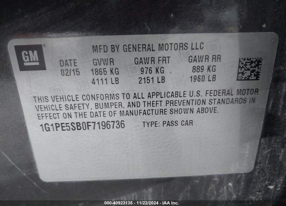 2015 CHEVROLET CRUZE 2LT AUTO VIN: 1G1PE5SB0F7196736