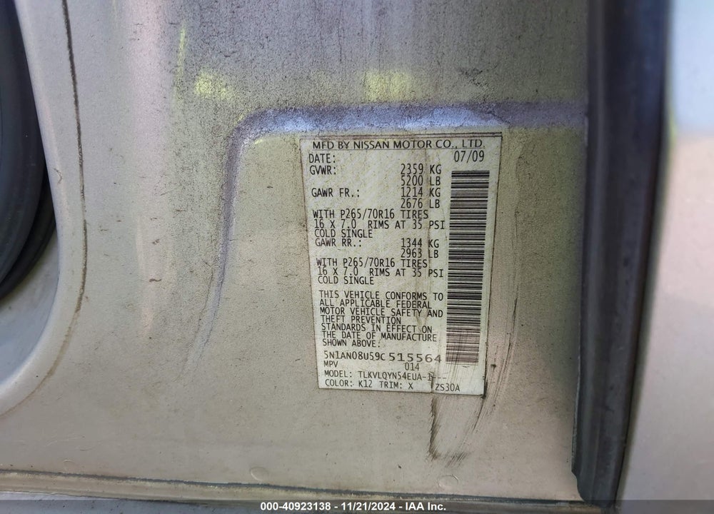 2009 NISSAN XTERRA X VIN: 5N1AN08U59C515564