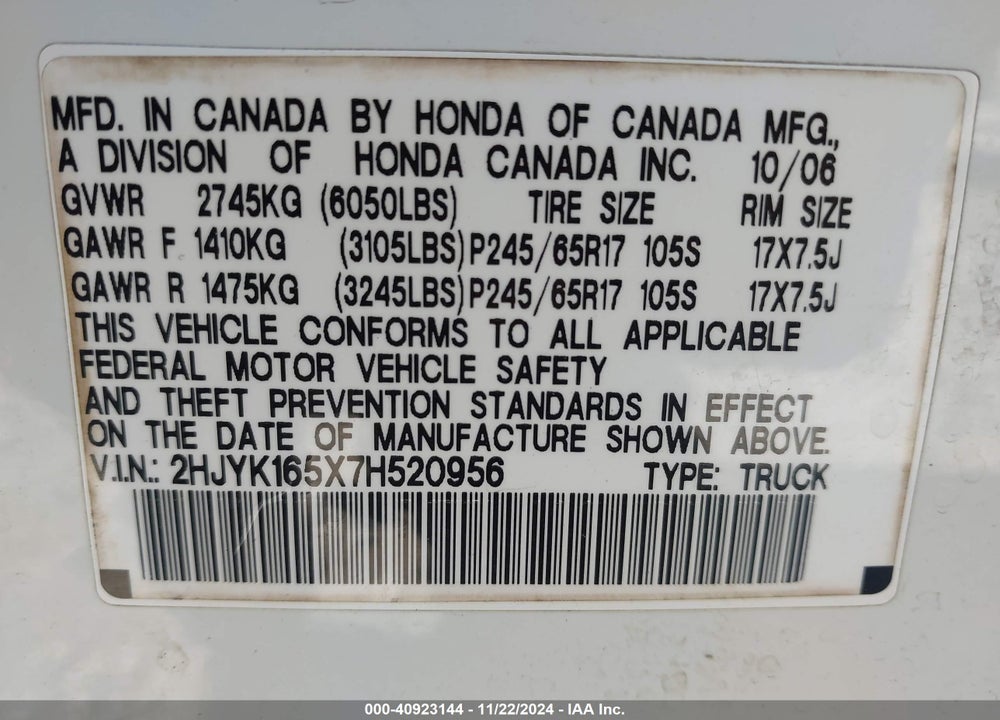 2007 HONDA RIDGELINE RTL VIN: 2HJYK165X7H520956