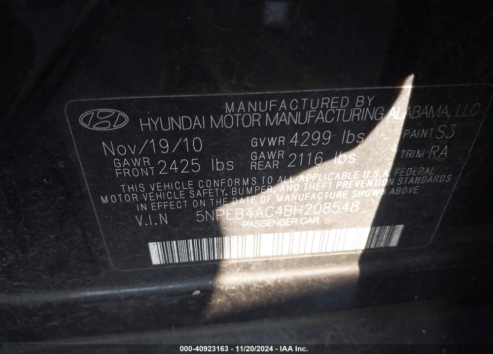 2011 HYUNDAI SONATA GLS VIN: 5NPEB4AC4BH208548
