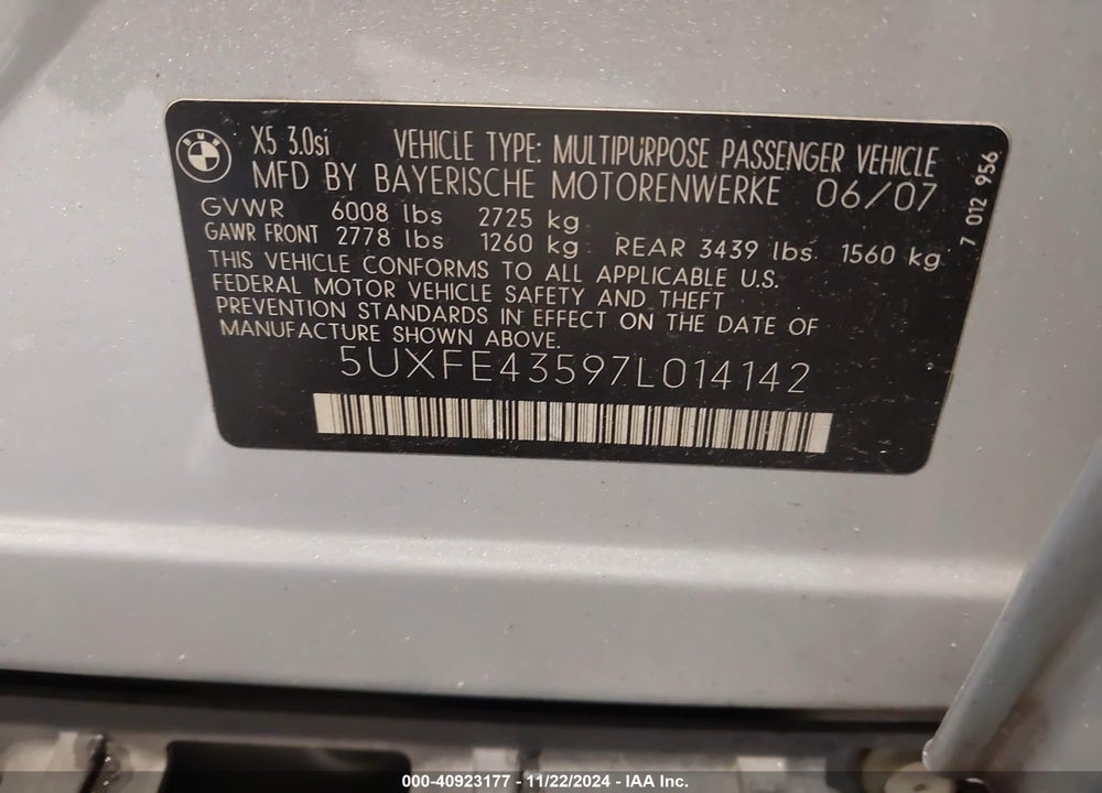 2007 BMW X5 3.0SI VIN: 5UXFE43597L014142
