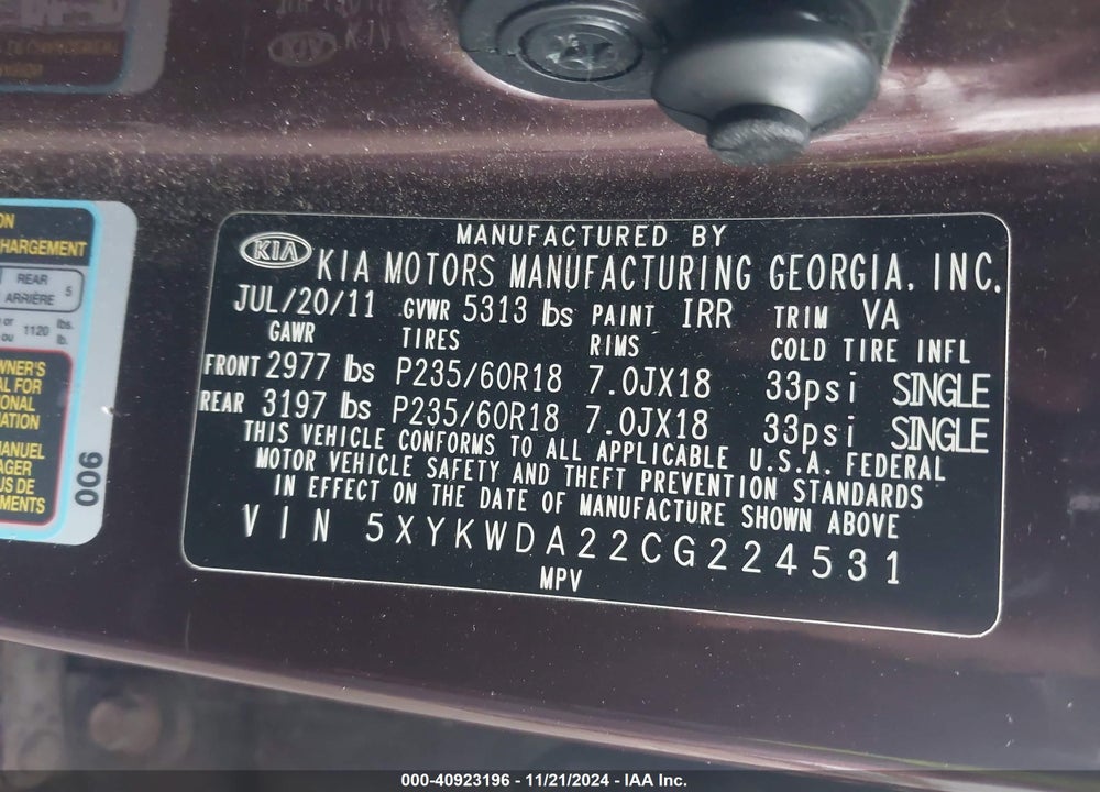 2012 KIA SORENTO SX V6 VIN: 5XYKWDA22CG224531