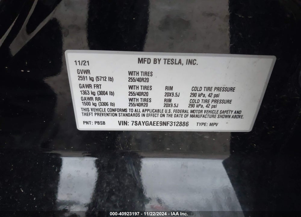 2022 TESLA MODEL Y LONG RANGE DUAL MOTOR ALL-WHEEL DRIVE VIN: 7SAYGAEE9NF312886
