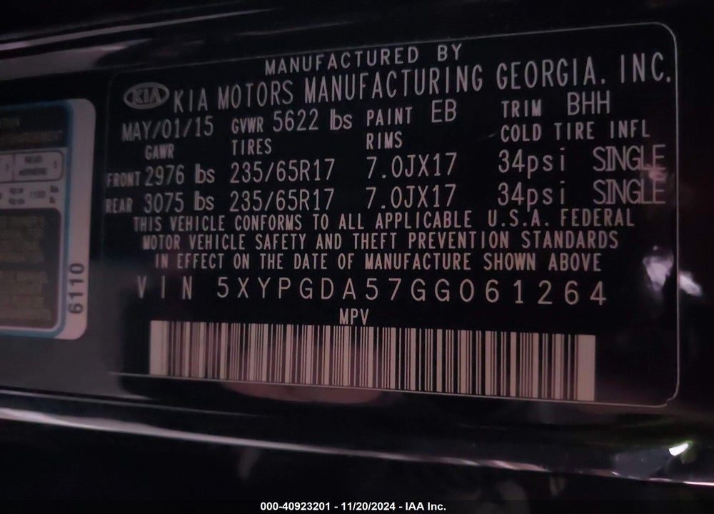 2016 KIA SORENTO 3.3L LX VIN: 5XYPGDA57GG061264